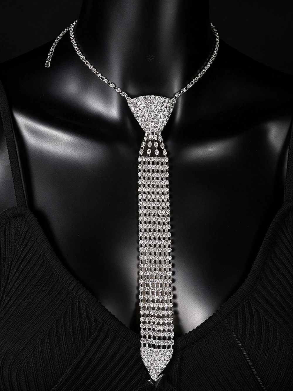 Silver Crystal Tassel Tie Necklace